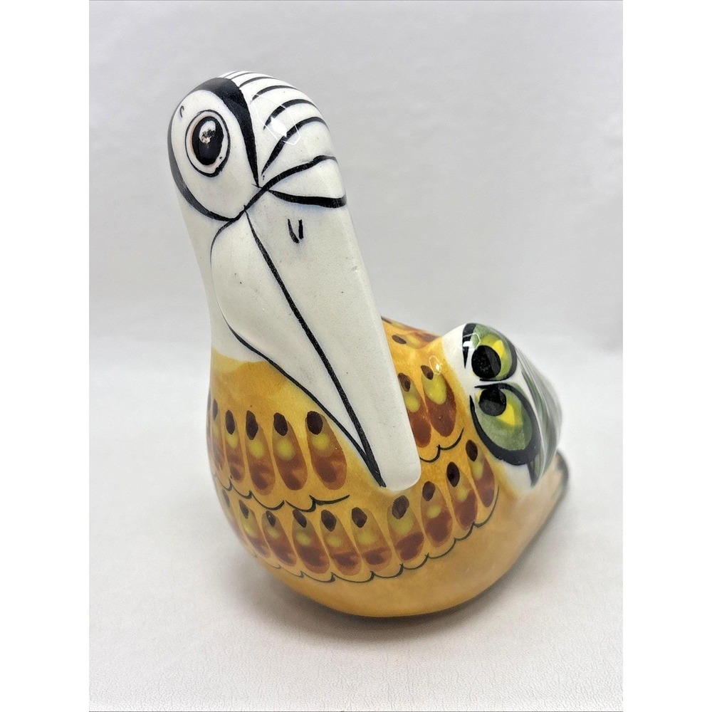 Mexico Tonala Pottery Pelican Bird Signed Hand Painted Art Pottery Vintage